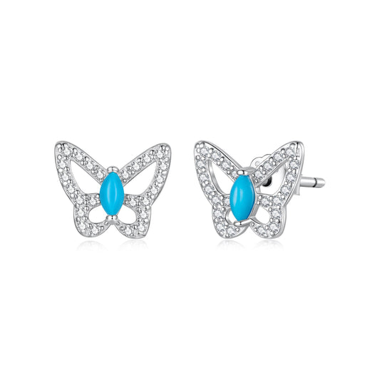 White Gold Plated Sterling Silver Synthetic Turquoise & CZ Earrings