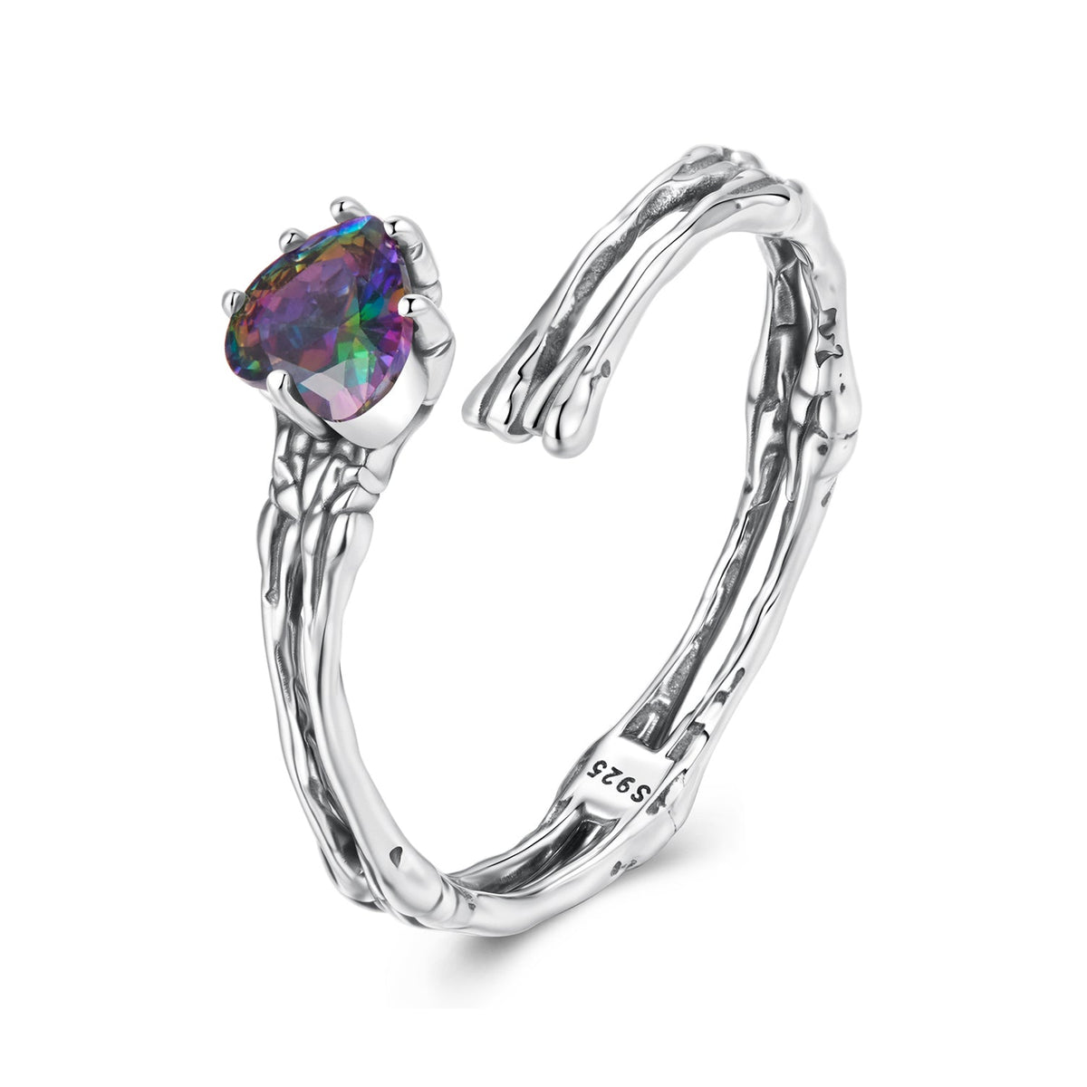 Sterling Silver Heart Design Ring with Transparent Glass