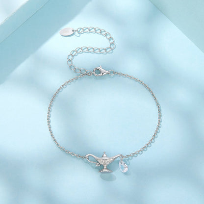 925 Sterling Silver White Gold Plated CZ Pavé 15+6cm Chain 1.0x1.7cm Pendant Bracelet for Women