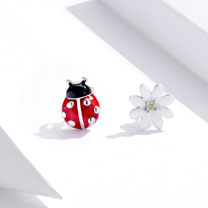 Sterling Silver Oxidized Enamel Bug and Flower Stud Earrings