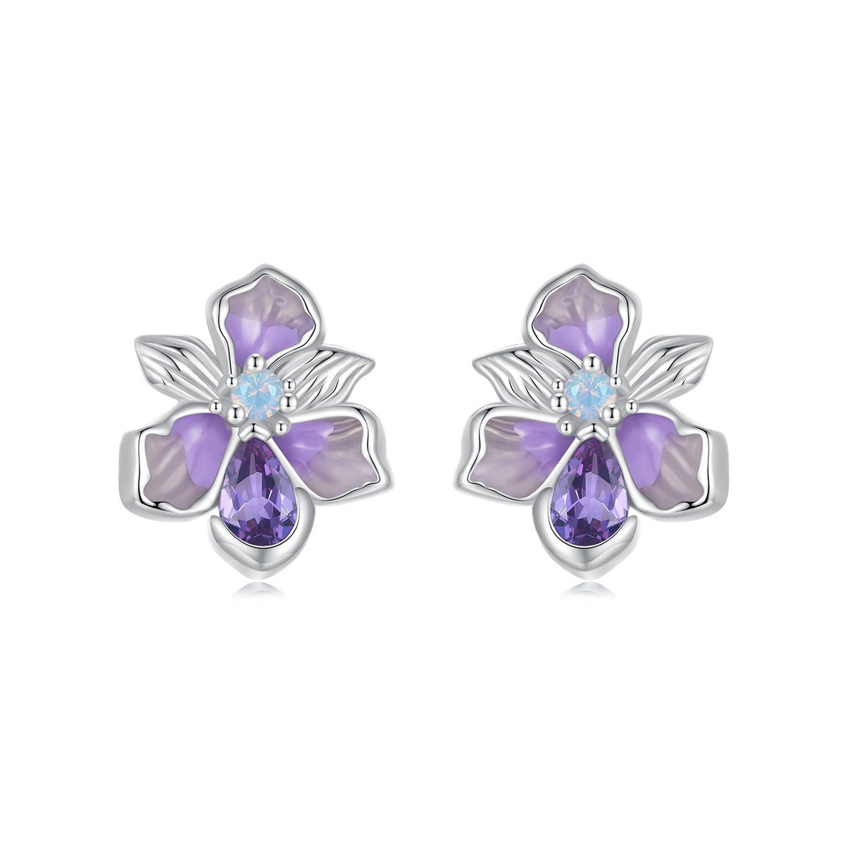 Sterling Silver White Gold Plated Nano Opal and CZ Pavé Stud Earrings