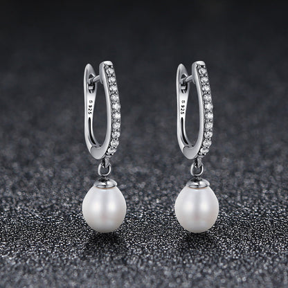 Sterling Silver Freshwater Pearl Pavé CZ Drop Earrings