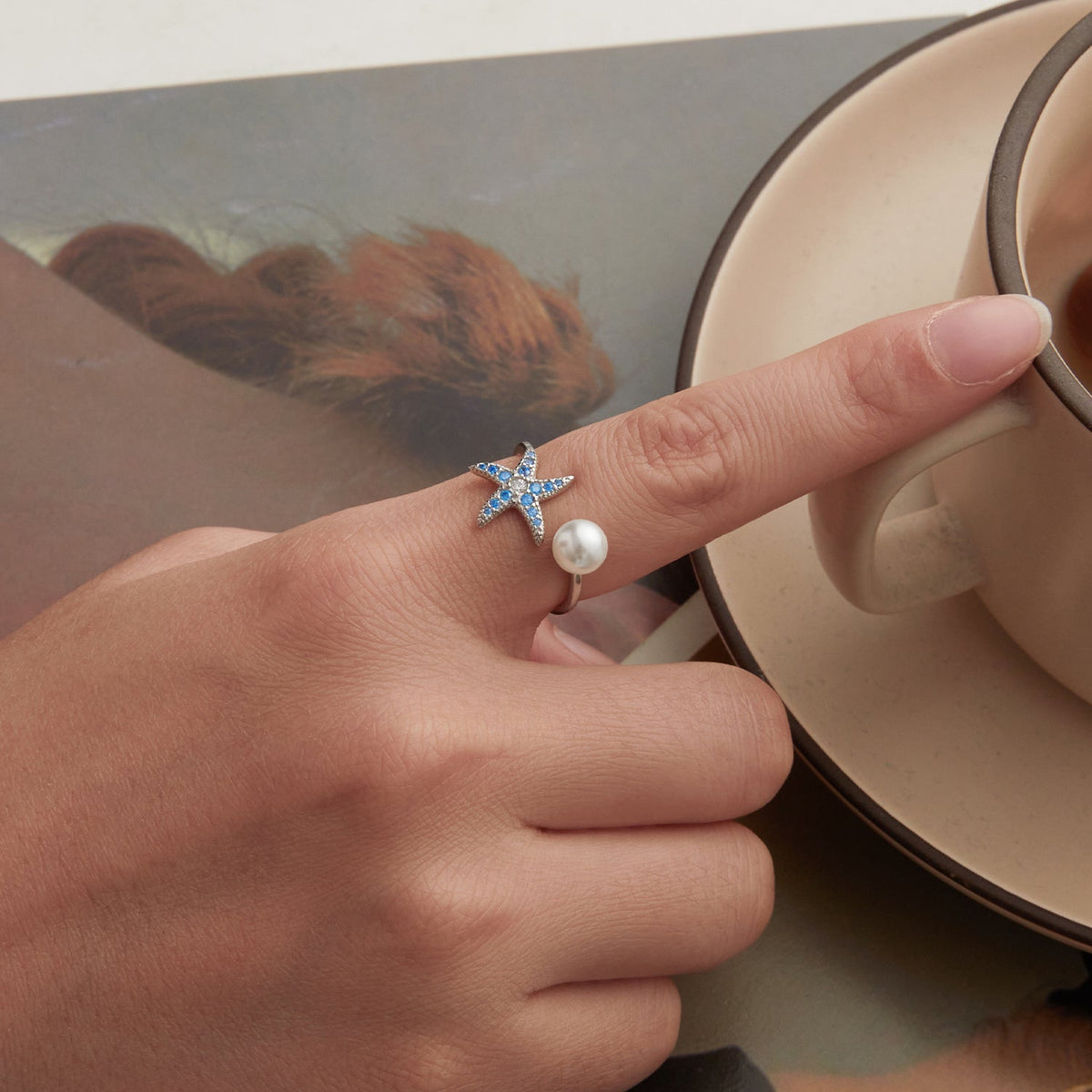 Sterling Silver White Gold Plated Shell Pearl Starfish Ring