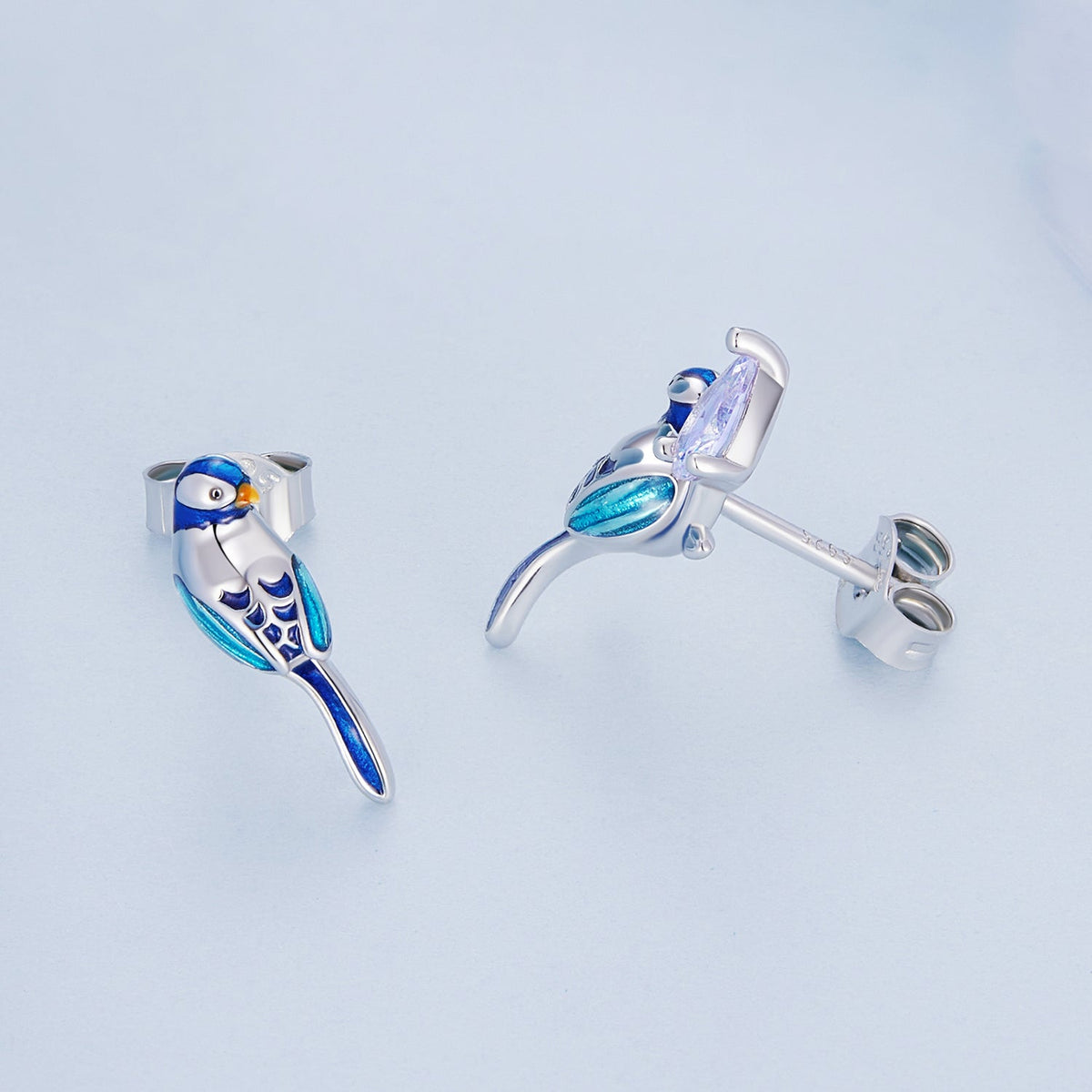 Sterling Silver Enamel Pavé CZ Bird Stud Earrings