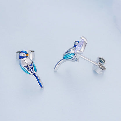 Sterling Silver Enamel Pavé CZ Bird Stud Earrings