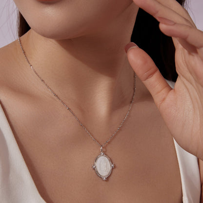 White Gold Plated Sterling Silver Mother of Pearl & CZ Pendant Necklace