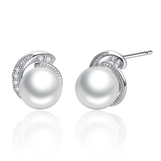 Sterling Silver Pavé Cubic Zirconia Shell Pearl Earrings