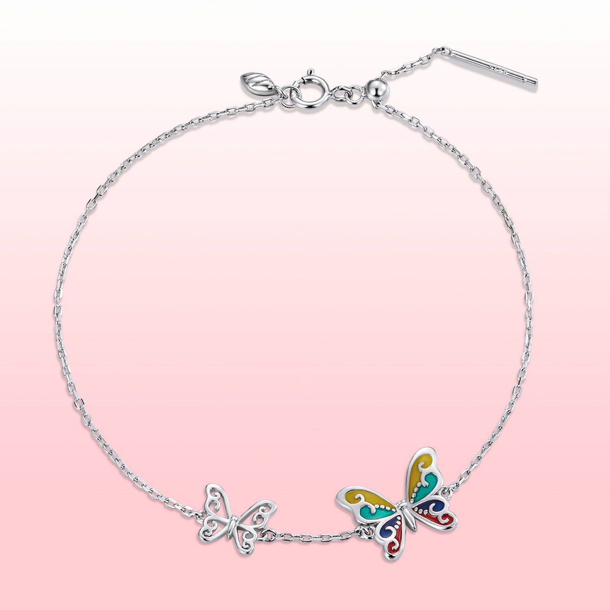 Sterling Silver Platinum Plated Adjustable Butterfly Enamel Bracelet