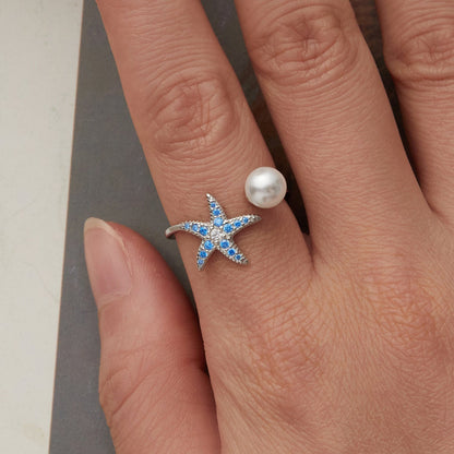 Sterling Silver White Gold Plated Shell Pearl Starfish Ring