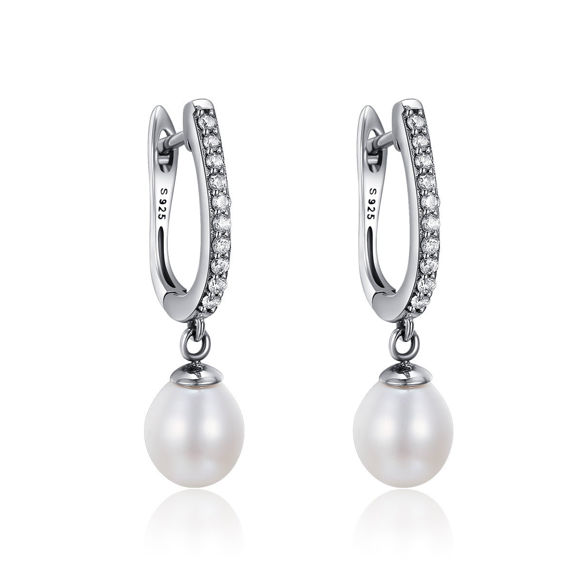 Sterling Silver Freshwater Pearl Pavé CZ Drop Earrings