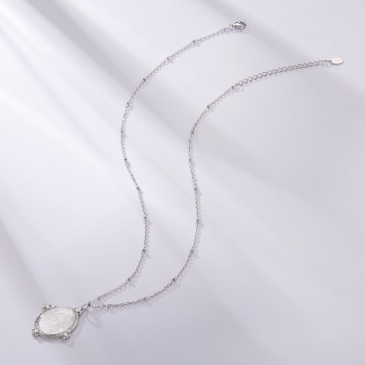 White Gold Plated Sterling Silver Mother of Pearl & CZ Pendant Necklace