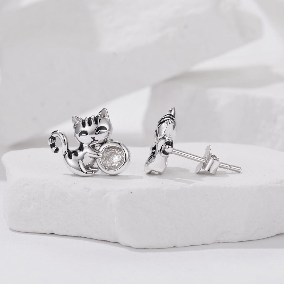 Sterling Silver White Gold Plated CZ Pavé and Enamel Earrings