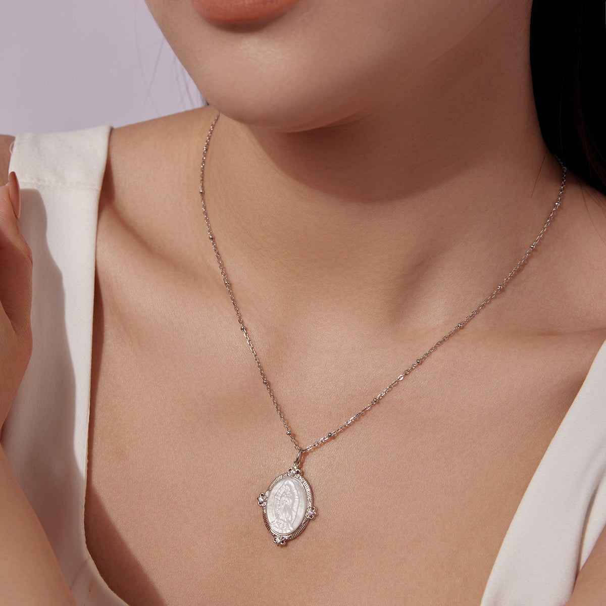 White Gold Plated Sterling Silver Mother of Pearl & CZ Pendant Necklace