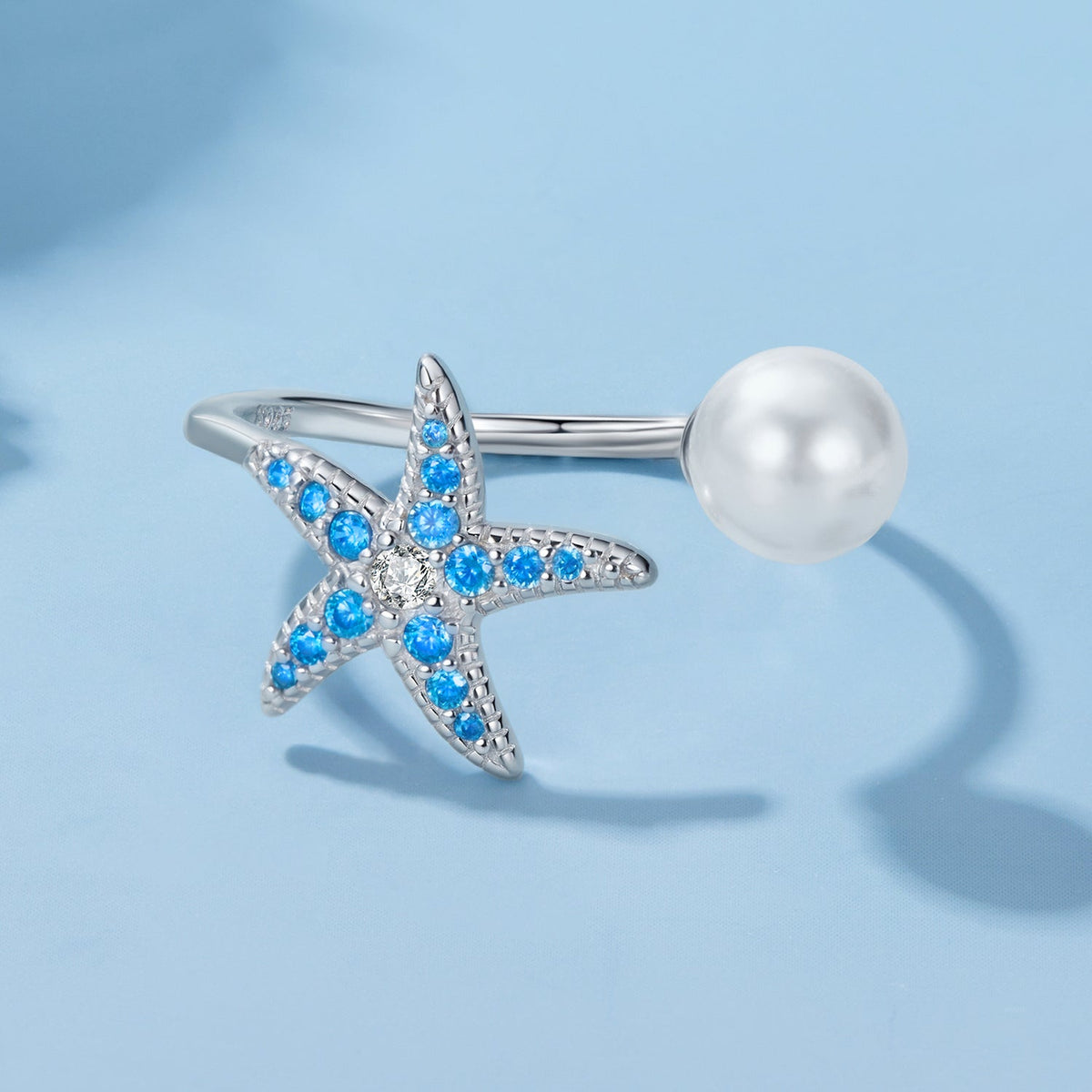 Sterling Silver White Gold Plated Shell Pearl Starfish Ring