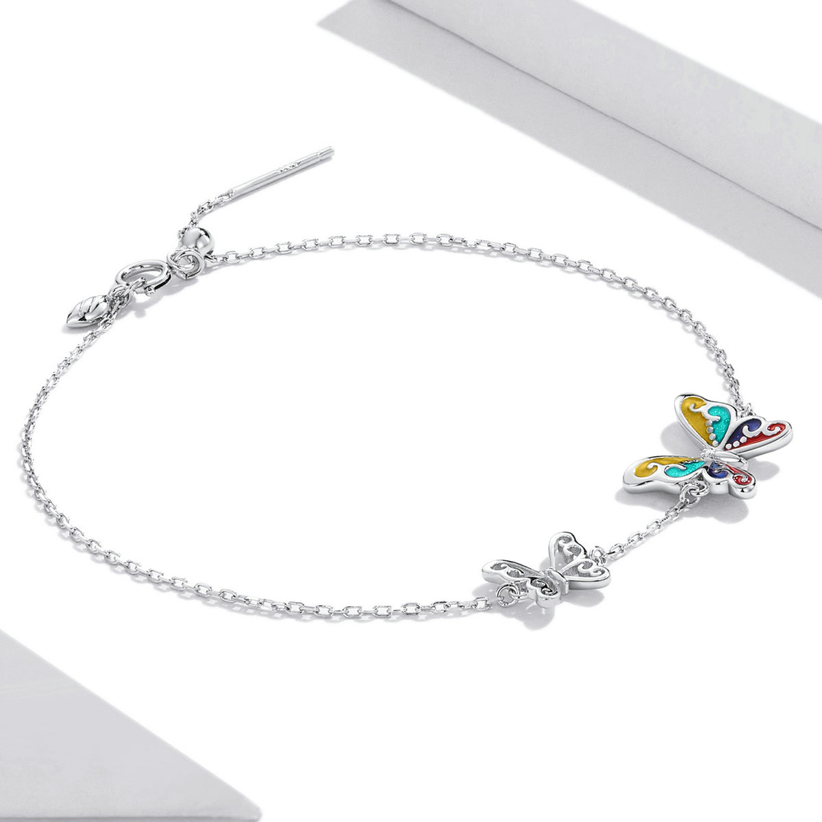 Sterling Silver Platinum Plated Adjustable Butterfly Enamel Bracelet