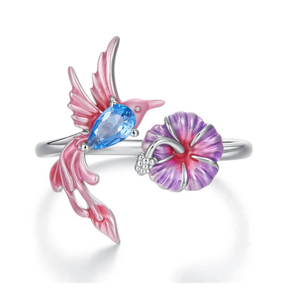 925 Sterling Silver White Gold Plated Enamel Pavé CZ Bird 1.9cm Ring for Women