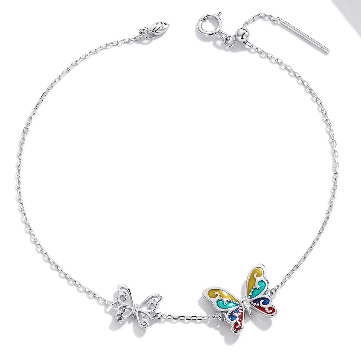 Sterling Silver Platinum Plated Adjustable Butterfly Enamel Bracelet