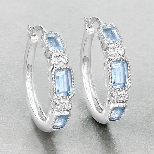 Sterling Silver Blue Topaz and White Topaz Hoop Earrings