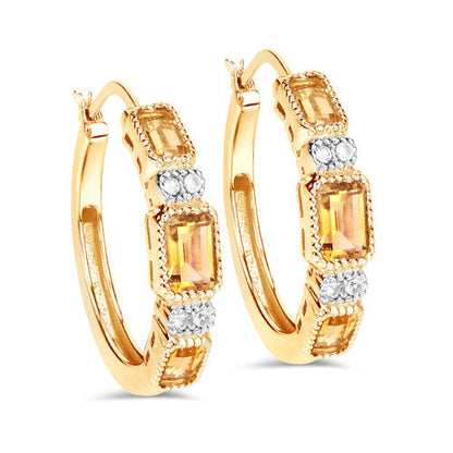 14K Yellow Gold Plated Sterling Silver Citrine and White Topaz Hoop Earrings
