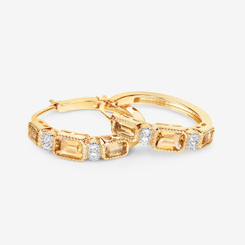 14K Yellow Gold Plated Sterling Silver Citrine and White Topaz Hoop Earrings