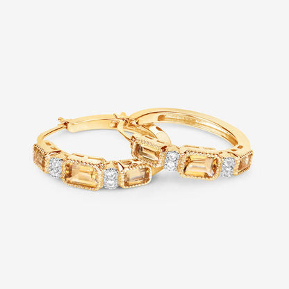 14K Yellow Gold Plated Sterling Silver Citrine and White Topaz Hoop Earrings