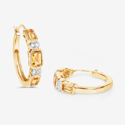 14K Yellow Gold Plated Sterling Silver Citrine and White Topaz Hoop Earrings