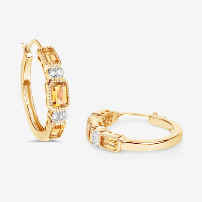 14K Yellow Gold Plated Sterling Silver Citrine and White Topaz Hoop Earrings