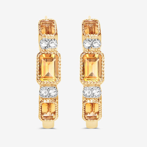 14K Yellow Gold Plated Sterling Silver Citrine and White Topaz Hoop Earrings