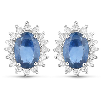 2.22 Carat Genuine Blue Sapphire and White Diamond 14K White Gold Earrings