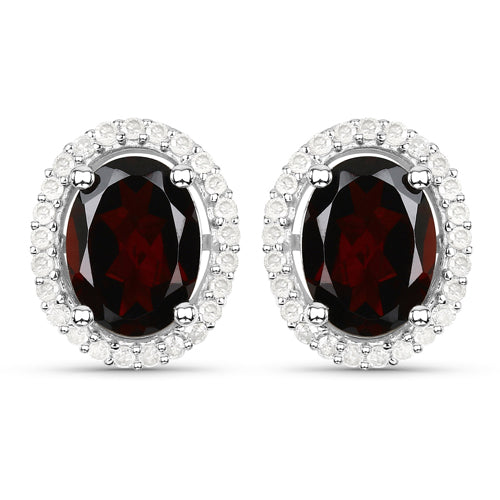 Sterling Silver Garnet and Diamond Oval Stud Earrings