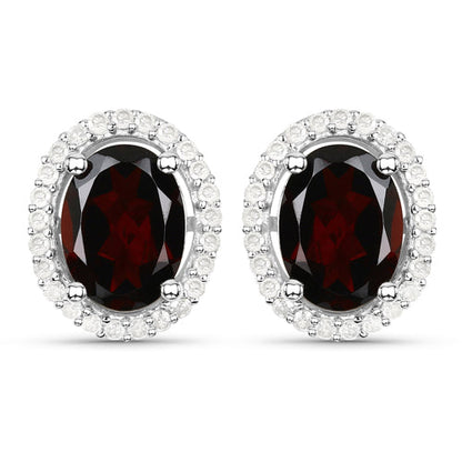 Sterling Silver Garnet and Diamond Oval Stud Earrings