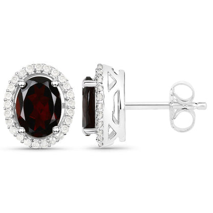 Sterling Silver Garnet and Diamond Oval Stud Earrings