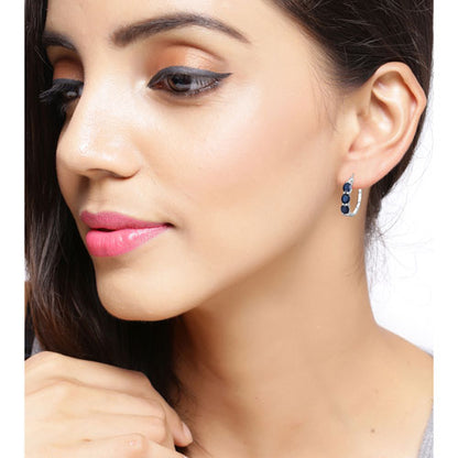 Blue Sapphire and Diamond Sterling Silver Hoop Earrings