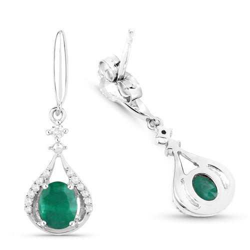 14K White Gold Zambian Emerald and Diamond Dangle Earrings