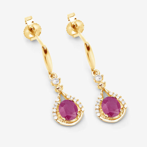 14K Yellow Gold Ruby and Diamond Dangle Earrings