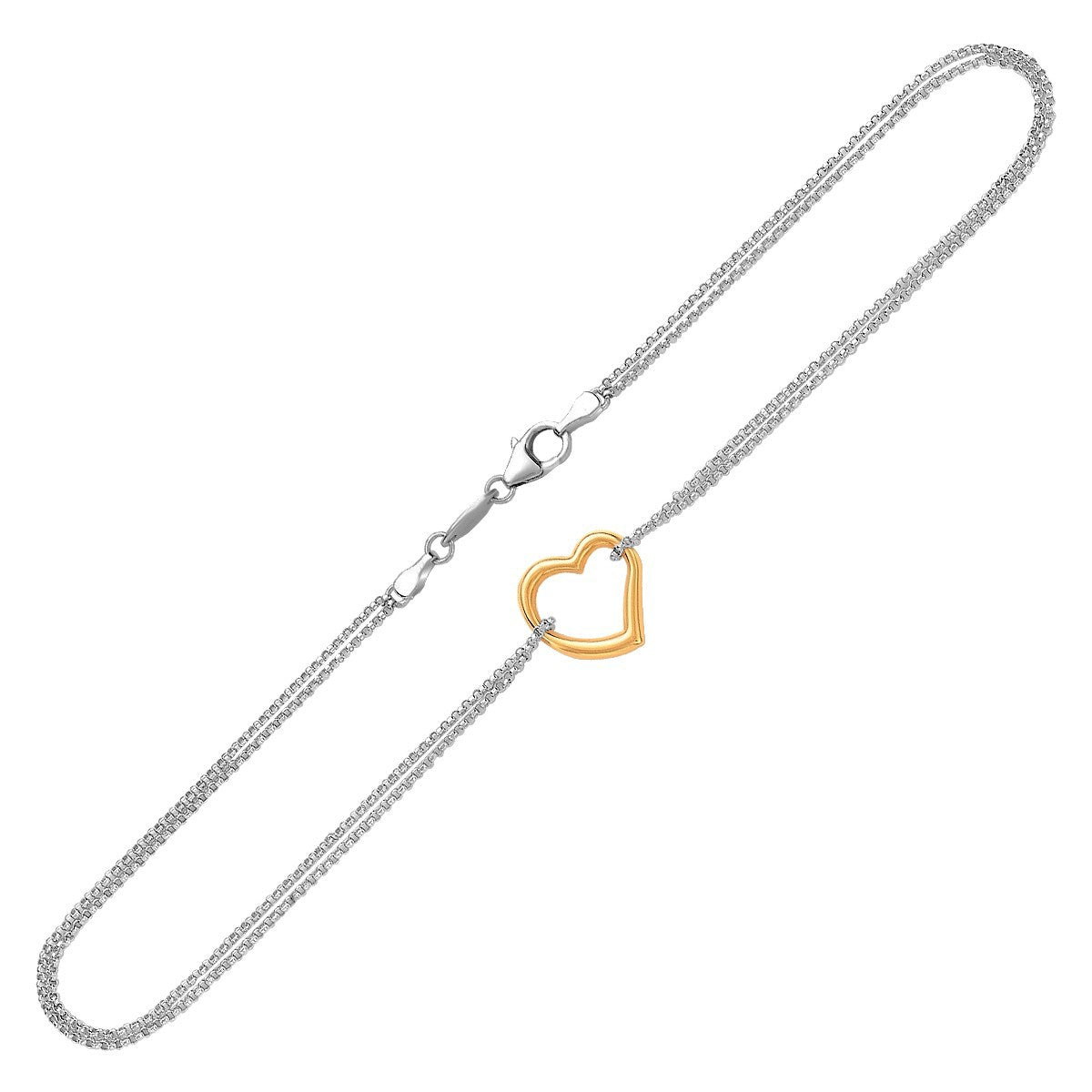 14K Yellow Gold and Sterling Silver Open Heart Station Anklet