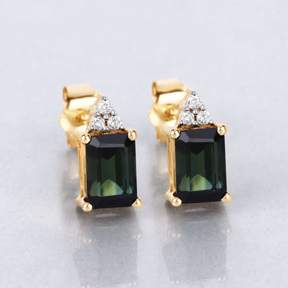 14K Yellow Gold Green Tourmaline and White Diamond Earrings