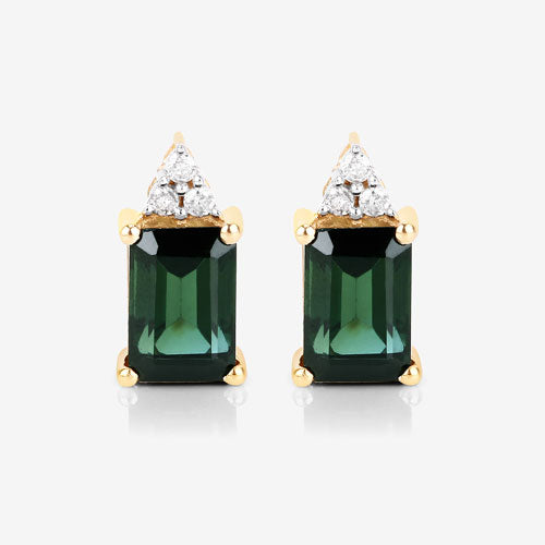 14K Yellow Gold Green Tourmaline and White Diamond Earrings
