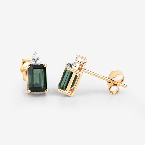 14K Yellow Gold Green Tourmaline and White Diamond Earrings