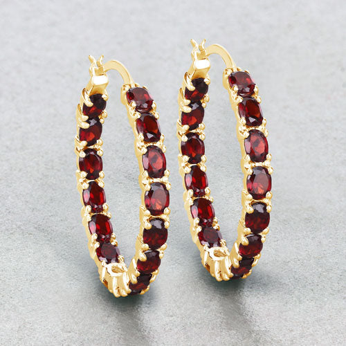 Sterling Silver 14K Yellow Gold Plated Garnet Hoop Earrings