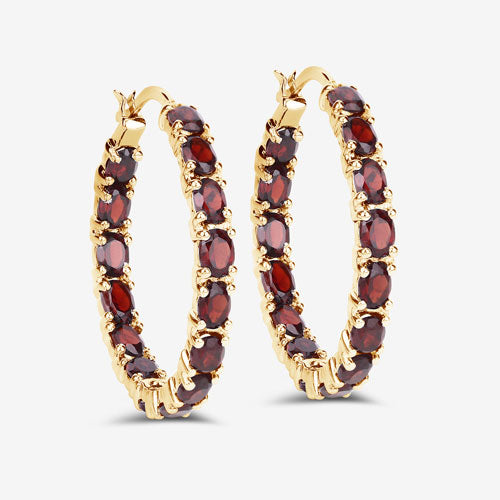 Sterling Silver 14K Yellow Gold Plated Garnet Hoop Earrings