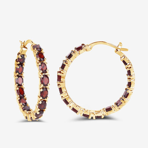 Sterling Silver 14K Yellow Gold Plated Garnet Hoop Earrings