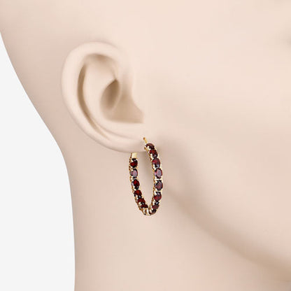 Sterling Silver 14K Yellow Gold Plated Garnet Hoop Earrings