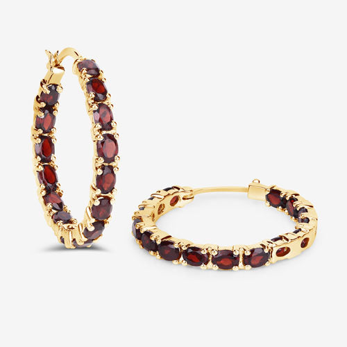 Sterling Silver 14K Yellow Gold Plated Garnet Hoop Earrings