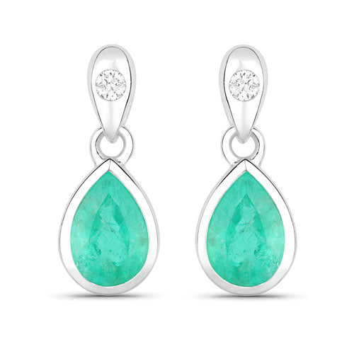 10K White Gold Zambian Emerald and Diamond Dangle Earrings