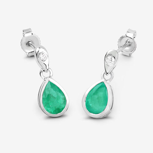 1.35 Carat Genuine Zambian Emerald and White Diamond 10K White Gold Earrings