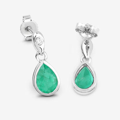 1.35 Carat Genuine Zambian Emerald and White Diamond 10K White Gold Earrings