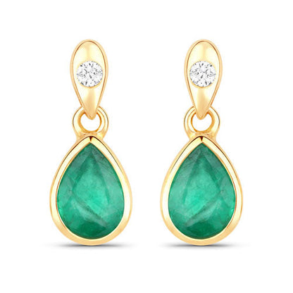 1.35 Carat Genuine Zambian Emerald and White Diamond 10K Yellow Gold Earrings