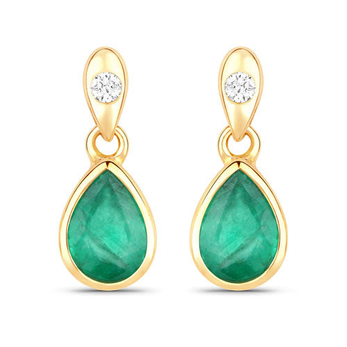 10K Yellow Gold Zambian Emerald and Diamond Drop Earrings