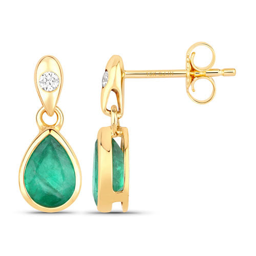 1.35 Carat Genuine Zambian Emerald and White Diamond 10K Yellow Gold Earrings